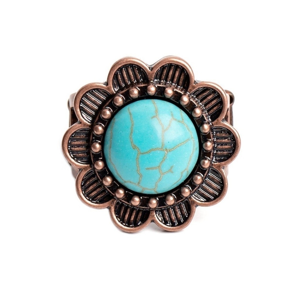 Turquoise Floral Ring Copper Petals Fashion Jewel Backwoods Band